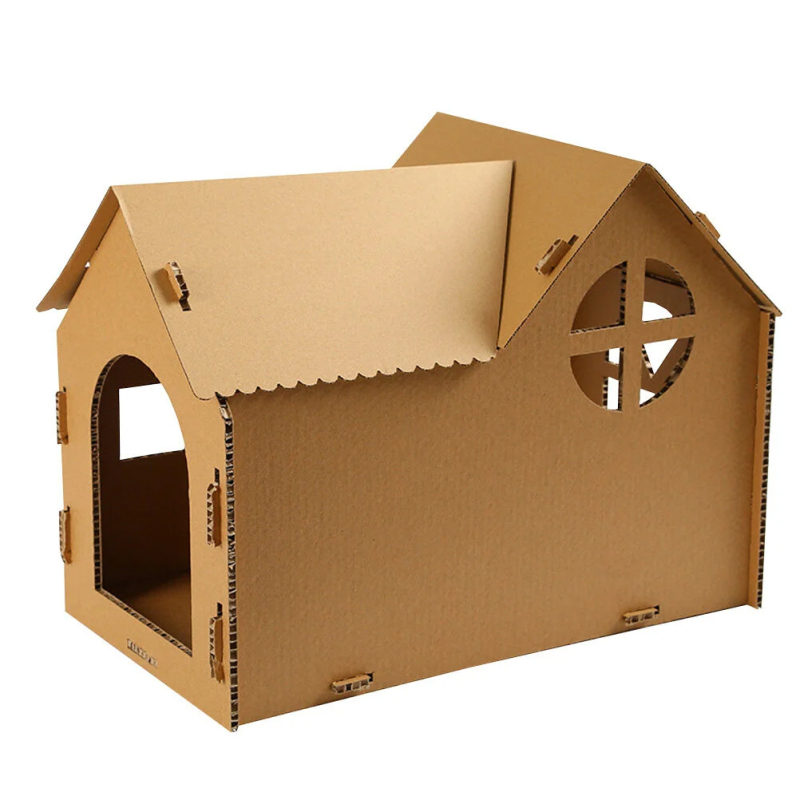 Casă de pisică din carton ondulat, pliabilă, personalizată, cu placă de zgâriere integrată și cutie pentru pisici pentru interior
