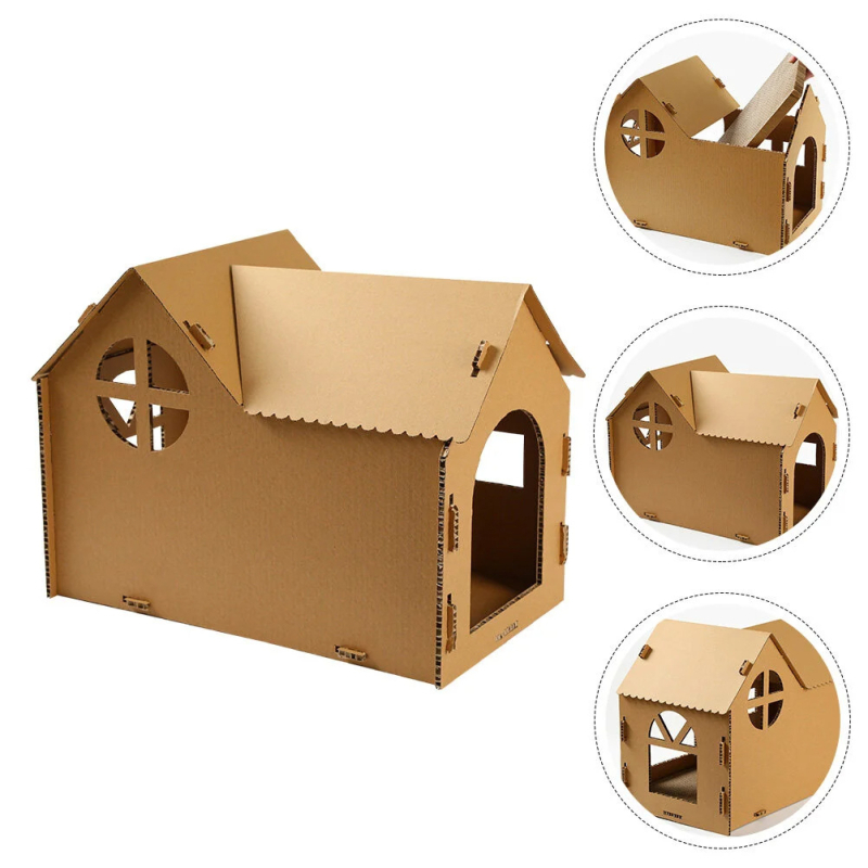 Casă de pisică din carton ondulat, pliabilă, personalizată, cu placă de zgâriere integrată și cutie pentru pisici pentru interior