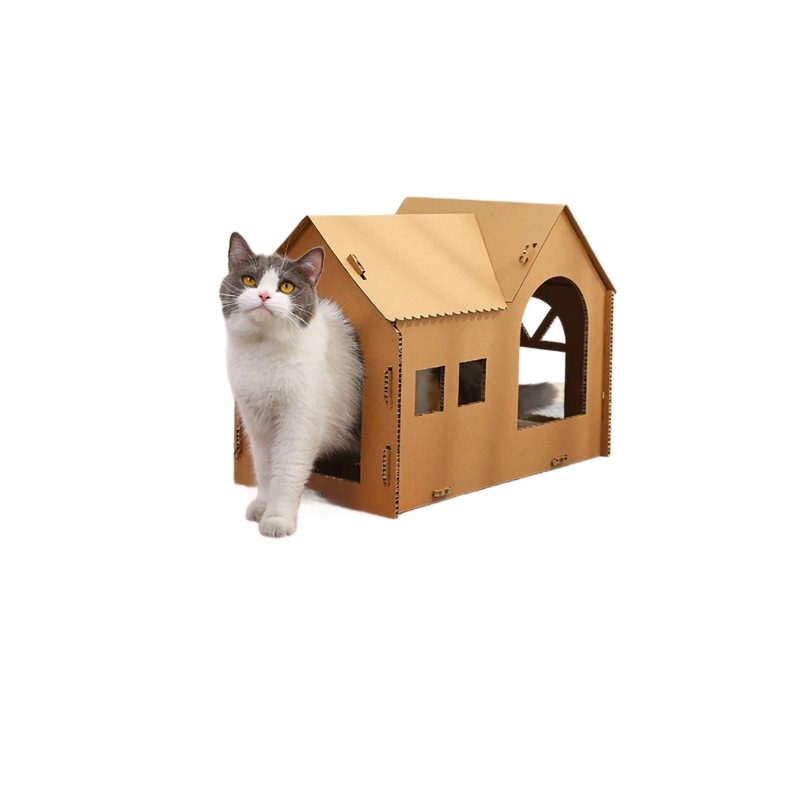 Casă de pisică din carton ondulat, pliabilă, personalizată, cu placă de zgâriere integrată și cutie pentru pisici pentru interior