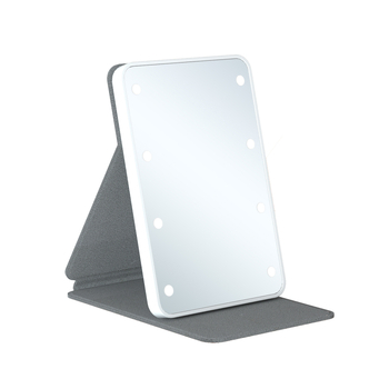 LED sminktükör asztali és hordozható kivitelben, bőrtokkal, összecsukható kézitükör, kompakt méret 116 × 73 × 15 mm