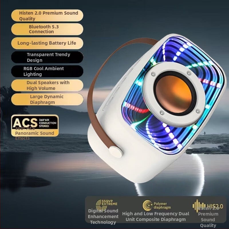 W20 Bluetooth reproduktor v tvare vesmírnej kapsule s Abyss Mirror povrchom, hlasný zvuk, hlboký bas, visací dizajn a farebné svetlá