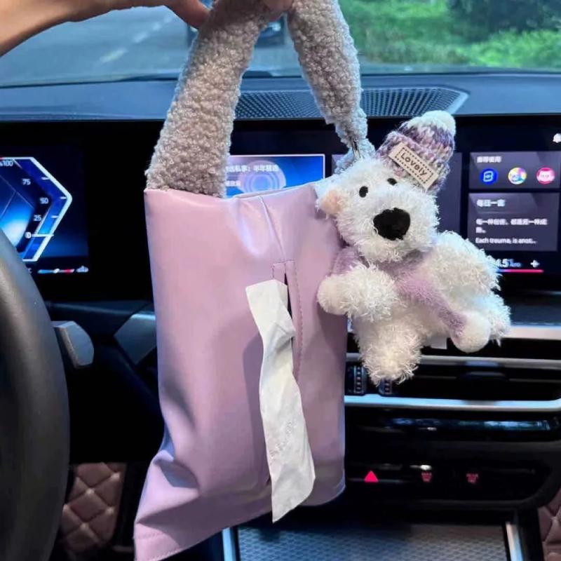 Ljubičasta kožna kutija za maramice u autu, viseći s naslona stražnjeg sjedala, dizajn West Highland Terrier