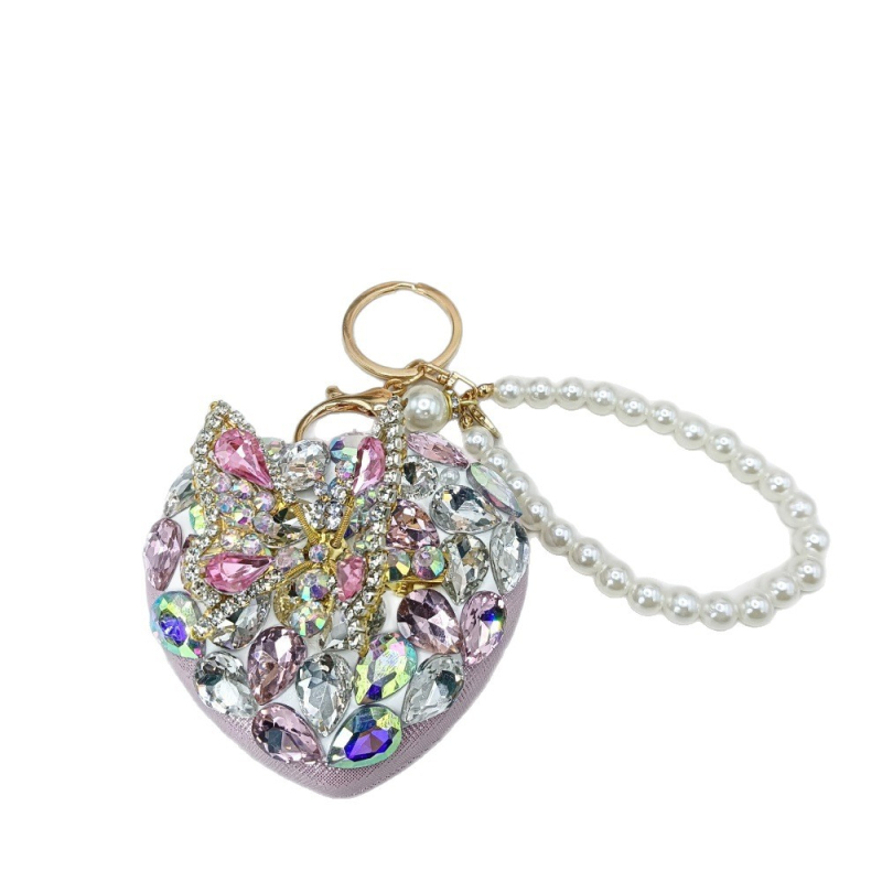 Összecsukható tükör kristály-diamant mintával, mozgó 3D pillangó dísz, szív alakú sminktükör, gyöngyös kulcstartó medál