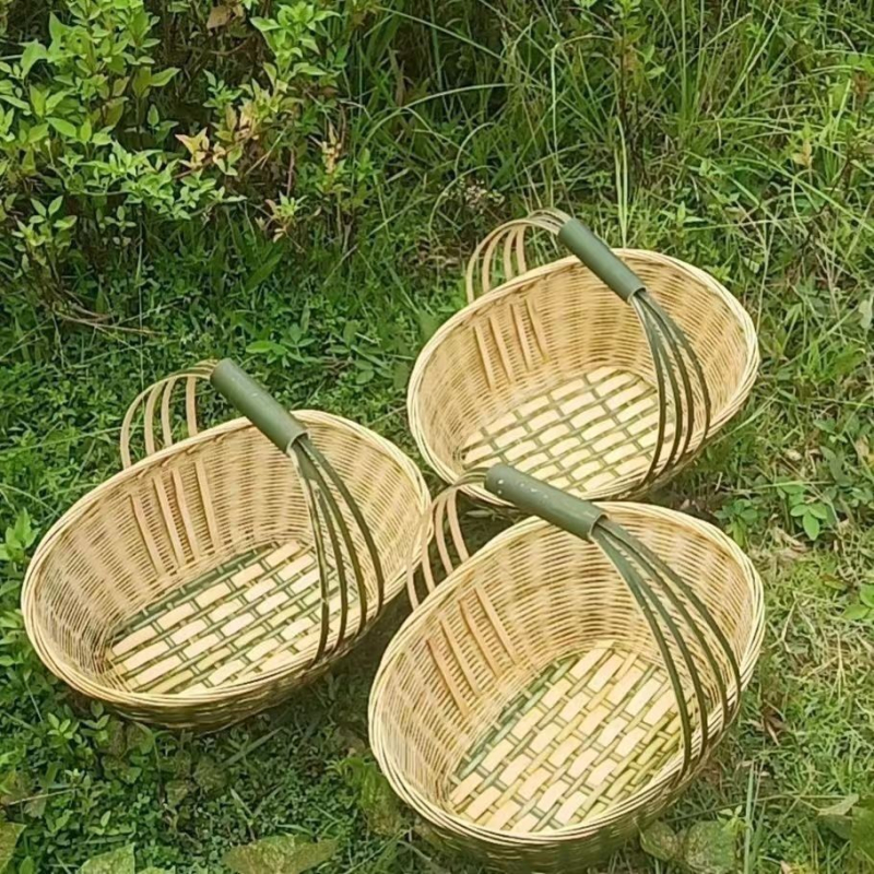 Ovalni bambusov koš s ručkom, košarica za kupovinu, zelena pletena košarica za jaja, velik kapacitet