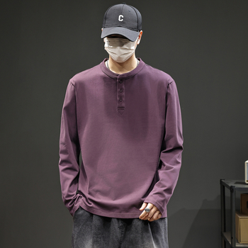 Ανδρικό T-shirt με Henley λαιμό, μακρυμάνικο, φθινοπωρινό 2025, χαλαρή εφαρμογή, 100% βαμβάκι, ρετρό στυλ