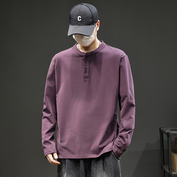 Ανδρικό T-shirt με Henley λαιμό, μακρυμάνικο, φθινοπωρινό 2025, χαλαρή εφαρμογή, 100% βαμβάκι, ρετρό στυλ