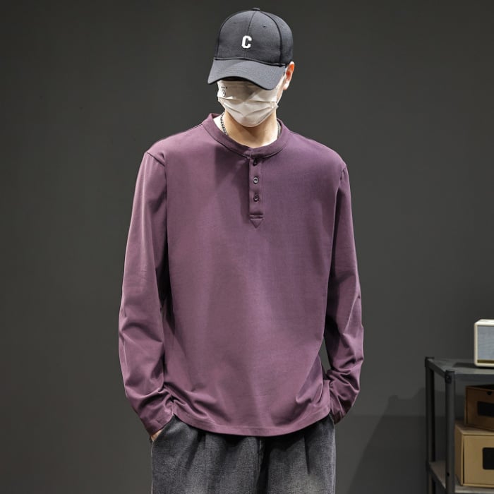 Ανδρικό T-shirt με Henley λαιμό, μακρυμάνικο, φθινοπωρινό 2025, χαλαρή εφαρμογή, 100% βαμβάκι, ρετρό στυλ