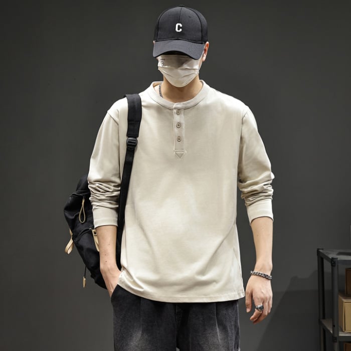 Ανδρικό T-shirt με Henley λαιμό, μακρυμάνικο, φθινοπωρινό 2025, χαλαρή εφαρμογή, 100% βαμβάκι, ρετρό στυλ