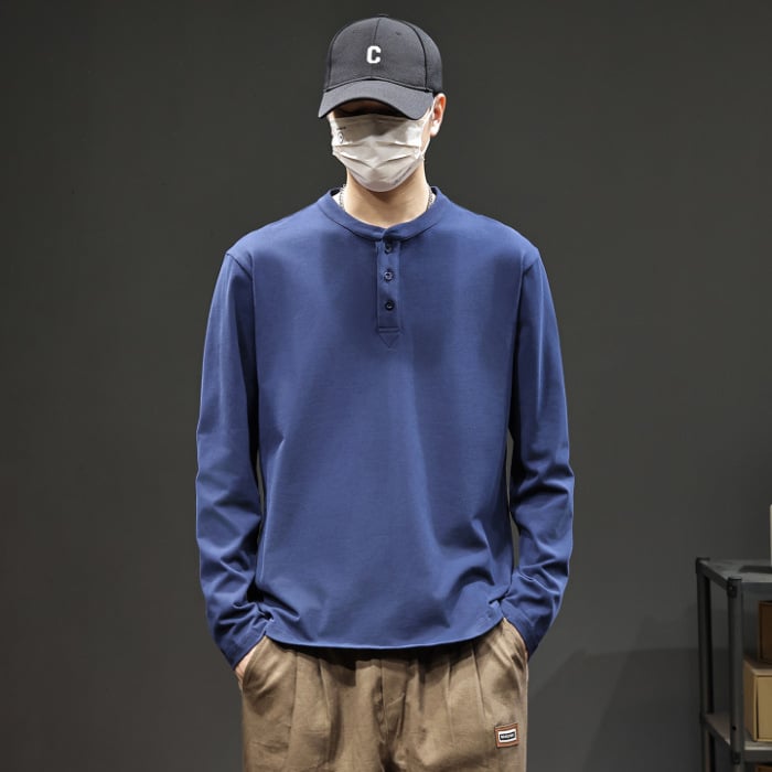Ανδρικό T-shirt με Henley λαιμό, μακρυμάνικο, φθινοπωρινό 2025, χαλαρή εφαρμογή, 100% βαμβάκι, ρετρό στυλ