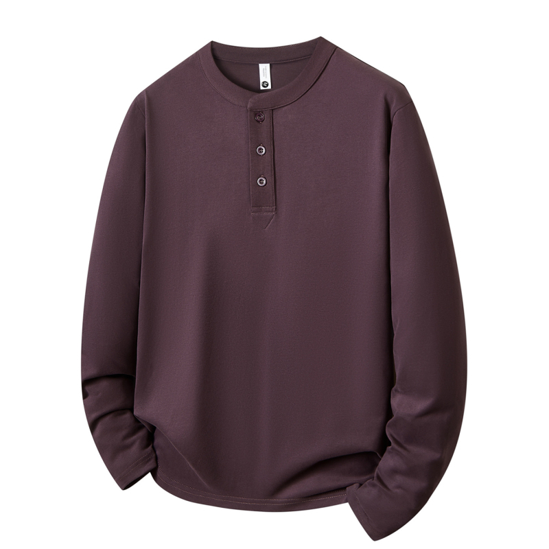 Ανδρικό T-shirt με Henley λαιμό, μακρυμάνικο, φθινοπωρινό 2025, χαλαρή εφαρμογή, 100% βαμβάκι, ρετρό στυλ