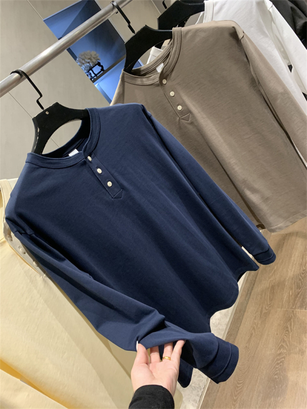 Férfi hosszú ujjú póló Henley gallérral, khaki retro, egyszínű, pamut