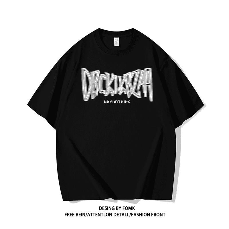 Άνετο γκρι κοντομάνικο T‑shirt από βαμβάκι με τύπωμα γραμμάτων, στρογγυλός λαιμός, ρετρό καλοκαίρι