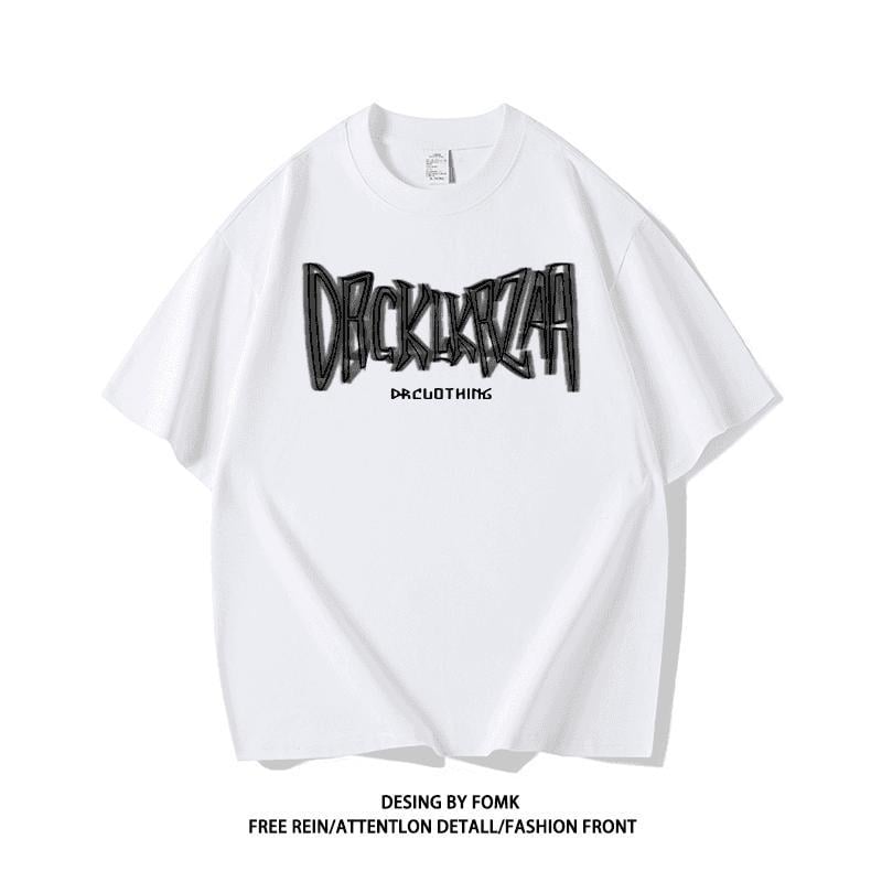 Άνετο γκρι κοντομάνικο T‑shirt από βαμβάκι με τύπωμα γραμμάτων, στρογγυλός λαιμός, ρετρό καλοκαίρι