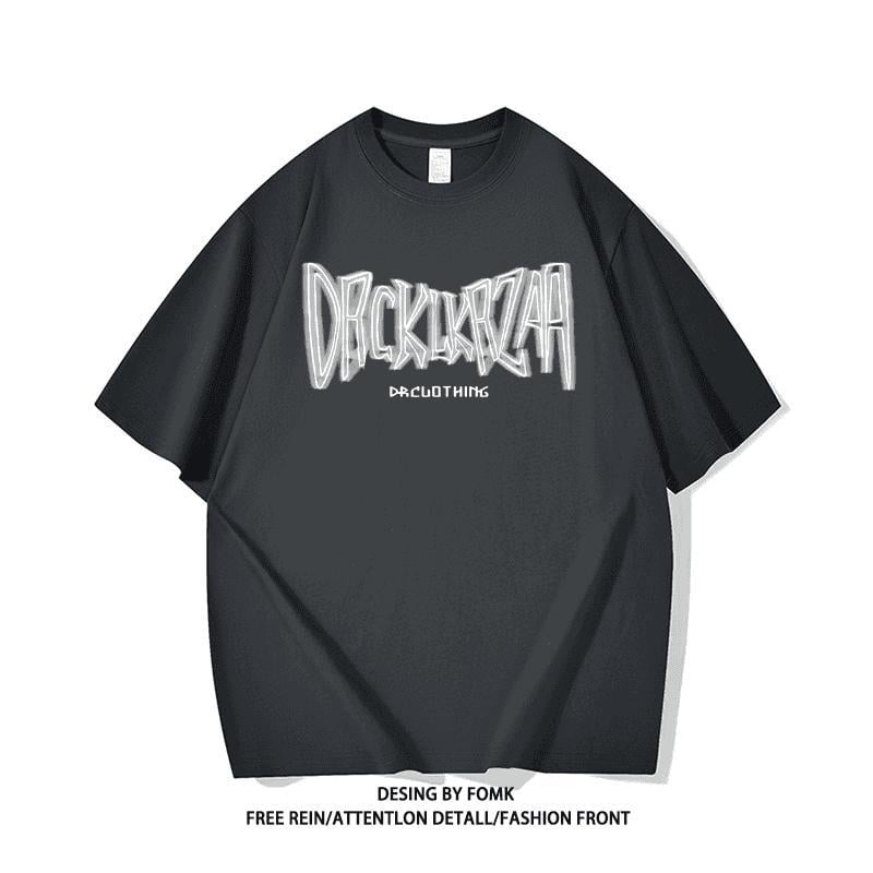 Άνετο γκρι κοντομάνικο T‑shirt από βαμβάκι με τύπωμα γραμμάτων, στρογγυλός λαιμός, ρετρό καλοκαίρι
