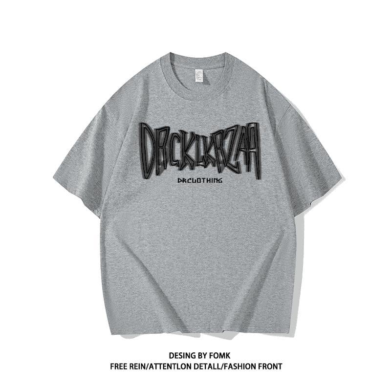 Άνετο γκρι κοντομάνικο T‑shirt από βαμβάκι με τύπωμα γραμμάτων, στρογγυλός λαιμός, ρετρό καλοκαίρι