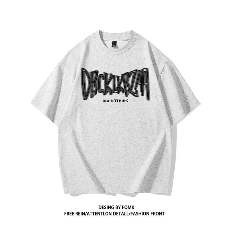 Άνετο γκρι κοντομάνικο T‑shirt από βαμβάκι με τύπωμα γραμμάτων, στρογγυλός λαιμός, ρετρό καλοκαίρι