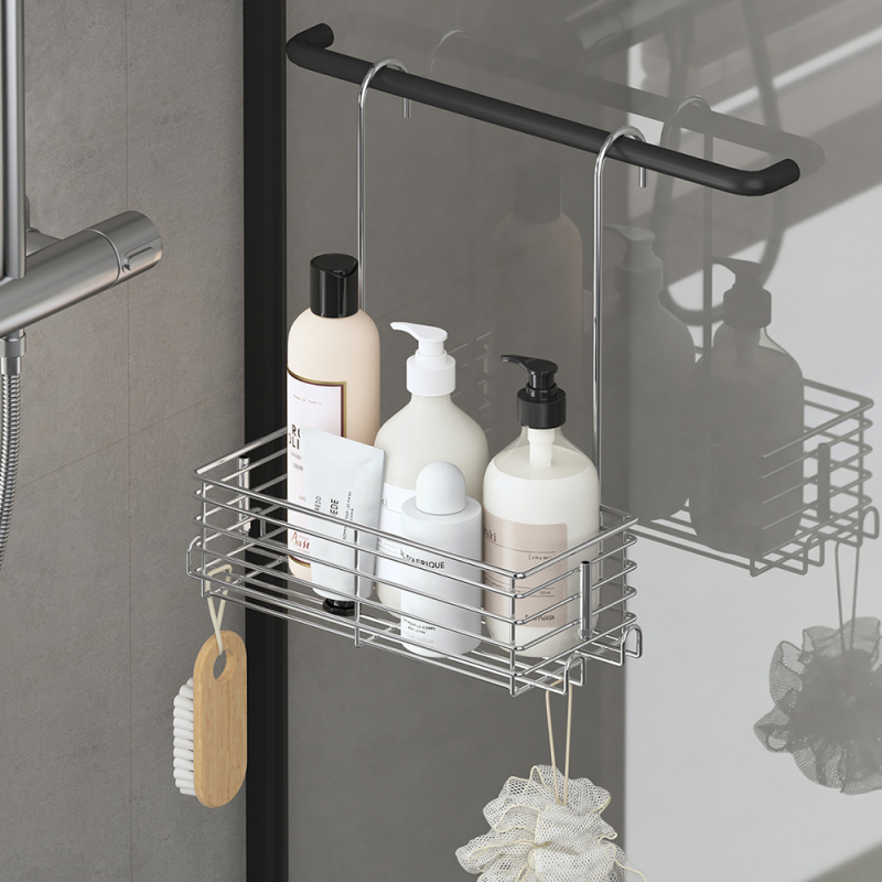 Fúrás nélküli fürdőszobai függő kosár 304 rozsdamentes acélból, zuhanyzóhoz, gél és sampon tárolására
