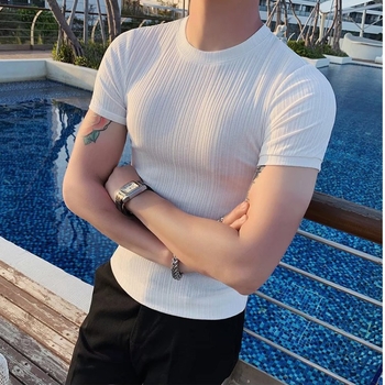Ανδρικό κοντομάνικο T-shirt σε καλοκαιρινό στυλ, κορεατικό στυλ, Slim-fit, ριγέ ice-silk