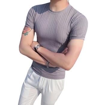 Ανδρικό κοντομάνικο T-shirt σε καλοκαιρινό στυλ, κορεατικό στυλ, Slim-fit, ριγέ ice-silk