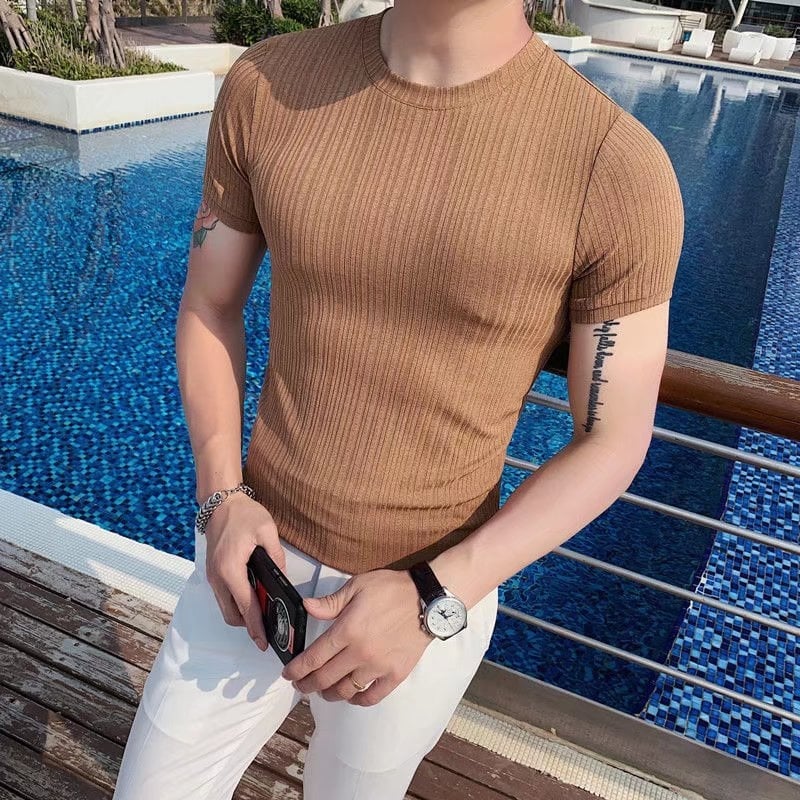 Ανδρικό κοντομάνικο T-shirt σε καλοκαιρινό στυλ, κορεατικό στυλ, Slim-fit, ριγέ ice-silk