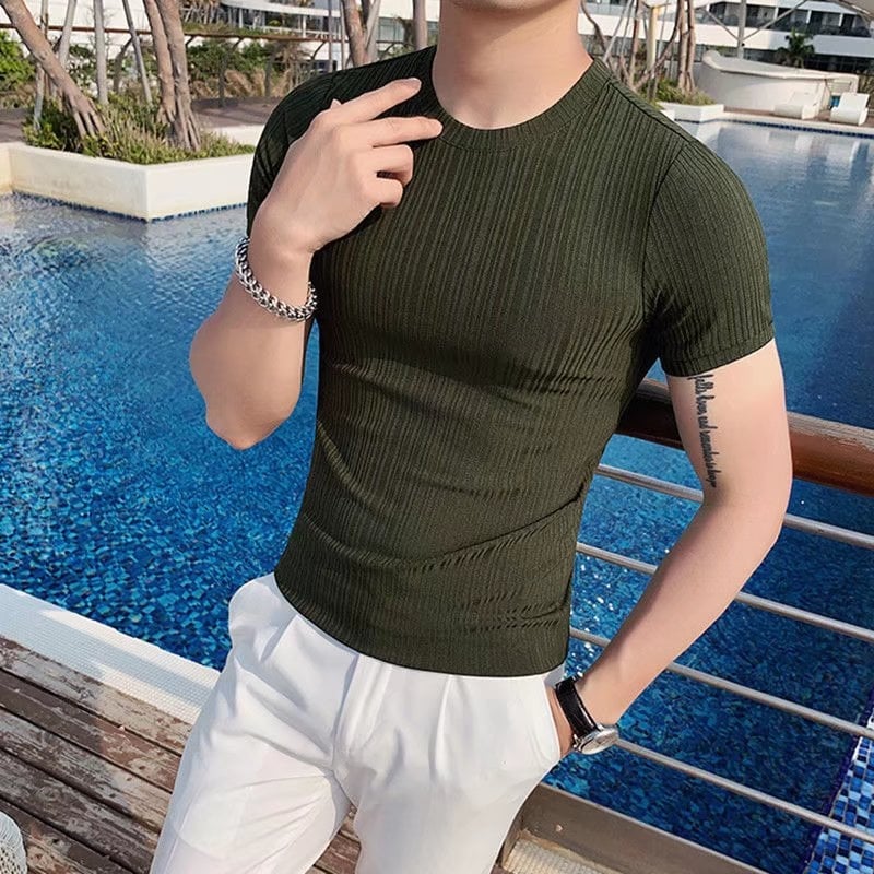 Ανδρικό κοντομάνικο T-shirt σε καλοκαιρινό στυλ, κορεατικό στυλ, Slim-fit, ριγέ ice-silk