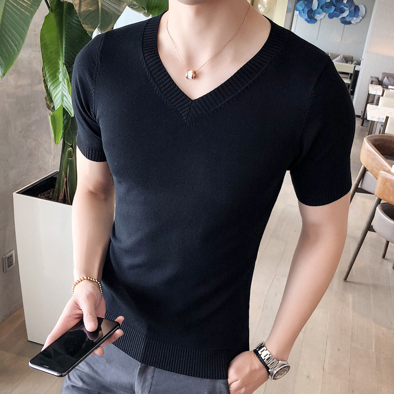 Férfi nyári vékony V-nyakú Ice Silk kötött rövid ujjú felső, slim fit, koreai stílus.