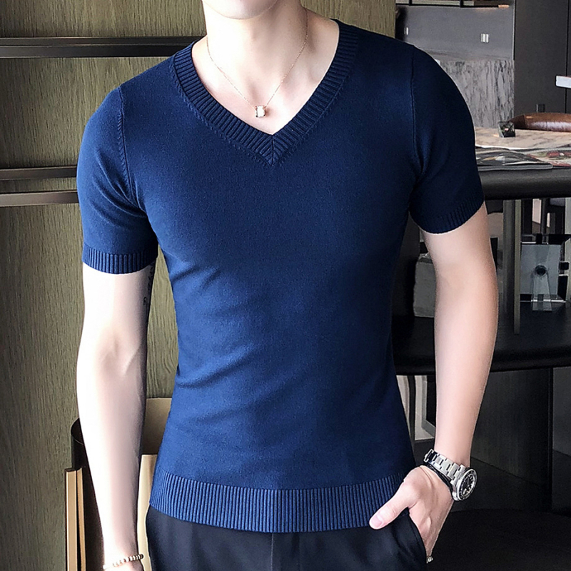 Férfi nyári vékony V-nyakú Ice Silk kötött rövid ujjú felső, slim fit, koreai stílus.