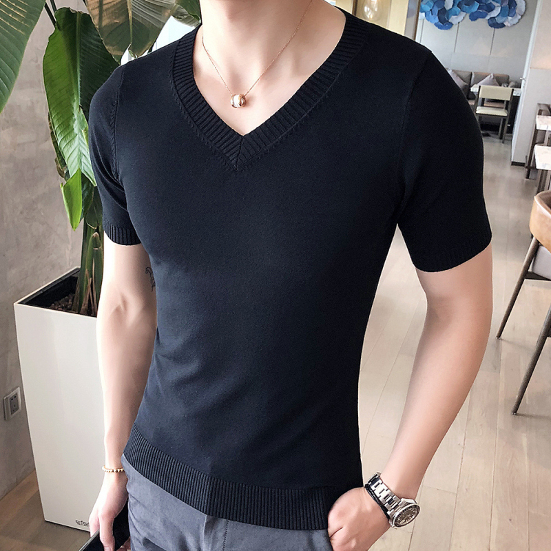 Férfi nyári vékony V-nyakú Ice Silk kötött rövid ujjú felső, slim fit, koreai stílus.