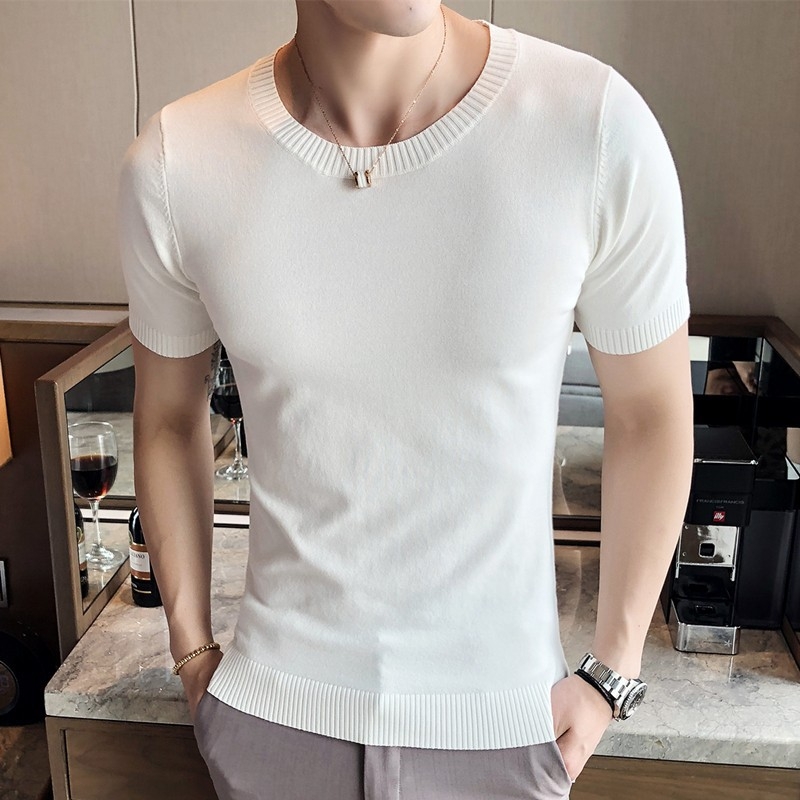 Férfi nyári vékony V-nyakú Ice Silk kötött rövid ujjú felső, slim fit, koreai stílus.