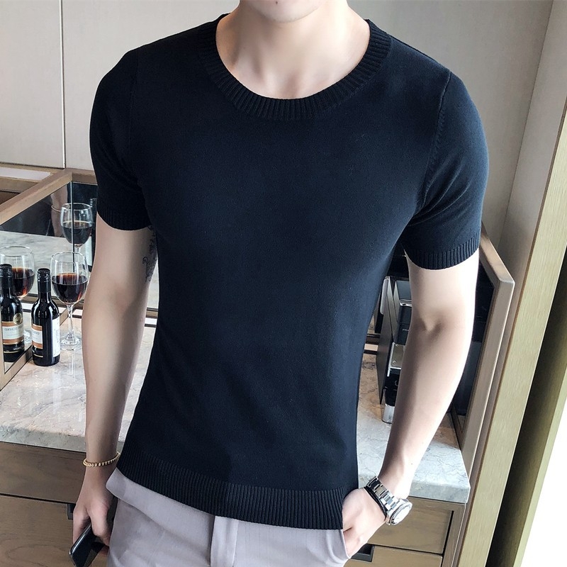 Férfi nyári vékony V-nyakú Ice Silk kötött rövid ujjú felső, slim fit, koreai stílus.