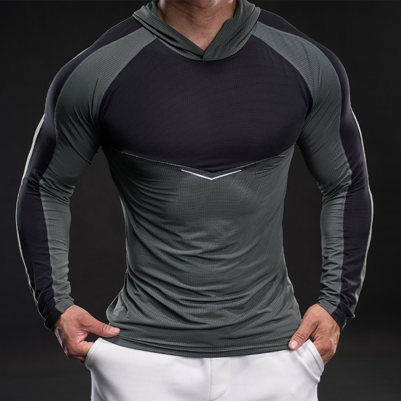 Férfi hosszú ujjú ice silk póló, rugalmas, kapucnis sportos felső tavaszra-őszre, izmos stílus