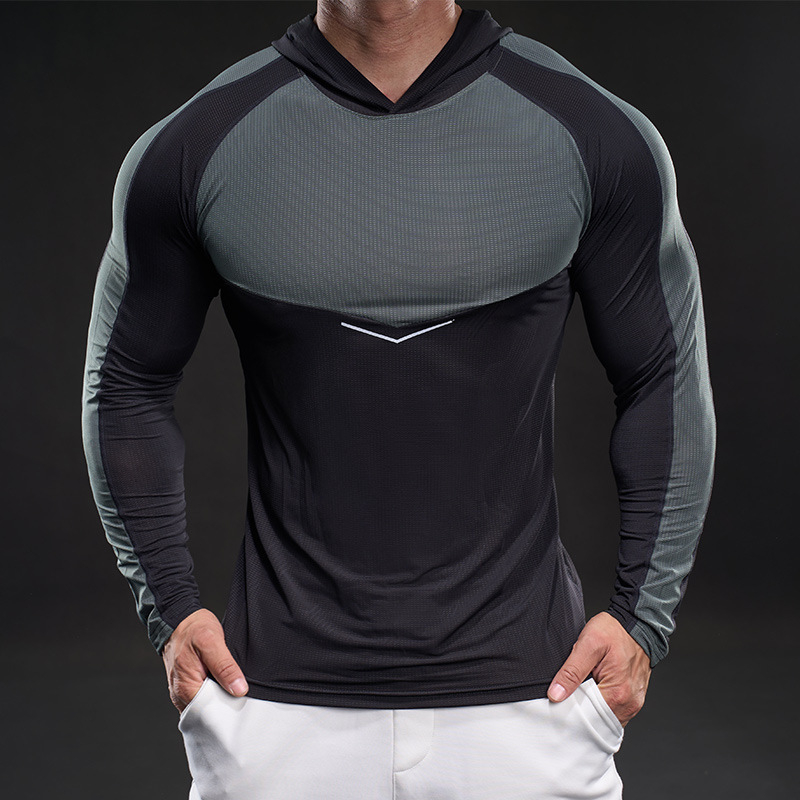 Férfi hosszú ujjú ice silk póló, rugalmas, kapucnis sportos felső tavaszra-őszre, izmos stílus
