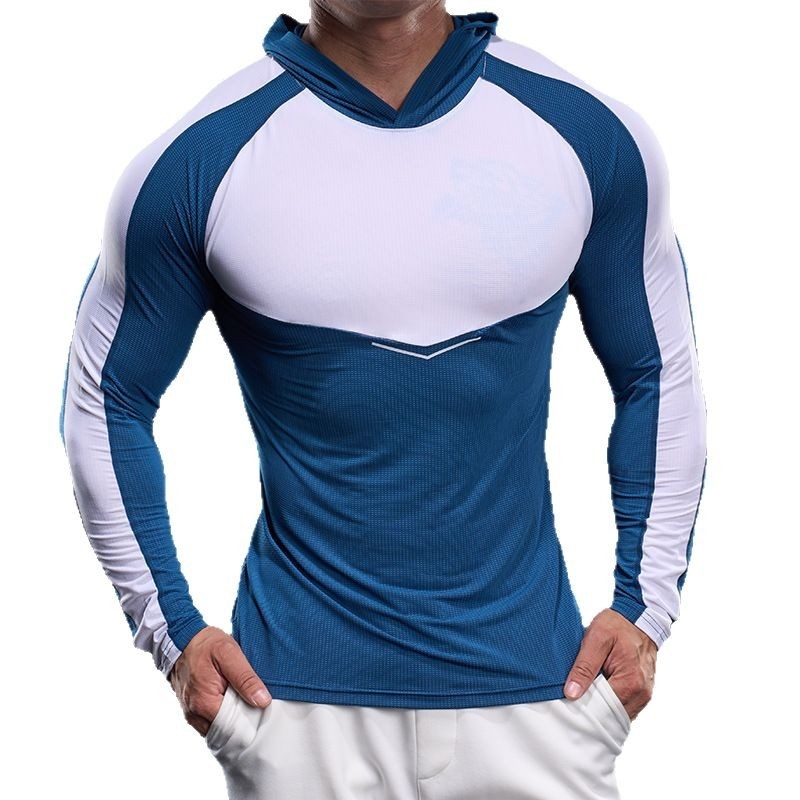 Férfi hosszú ujjú ice silk póló, rugalmas, kapucnis sportos felső tavaszra-őszre, izmos stílus