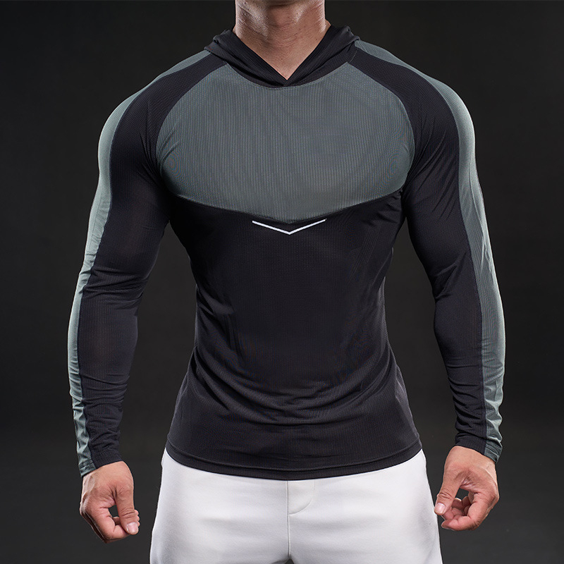 Férfi hosszú ujjú ice silk póló, rugalmas, kapucnis sportos felső tavaszra-őszre, izmos stílus