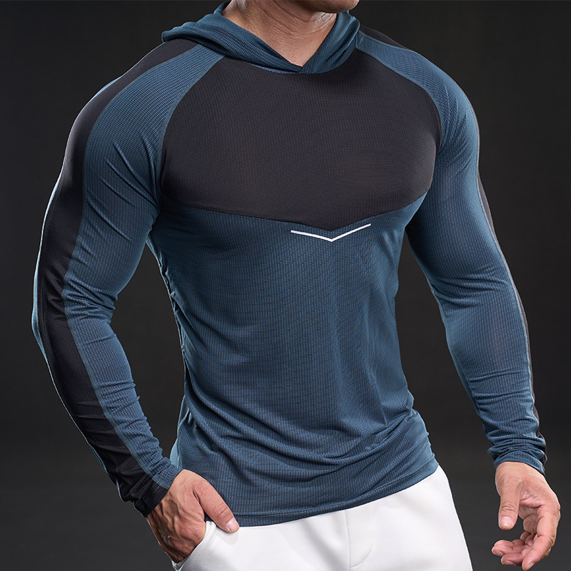 Férfi hosszú ujjú ice silk póló, rugalmas, kapucnis sportos felső tavaszra-őszre, izmos stílus