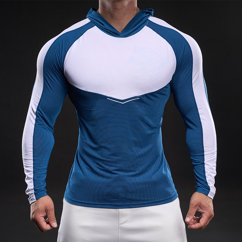 Férfi hosszú ujjú ice silk póló, rugalmas, kapucnis sportos felső tavaszra-őszre, izmos stílus
