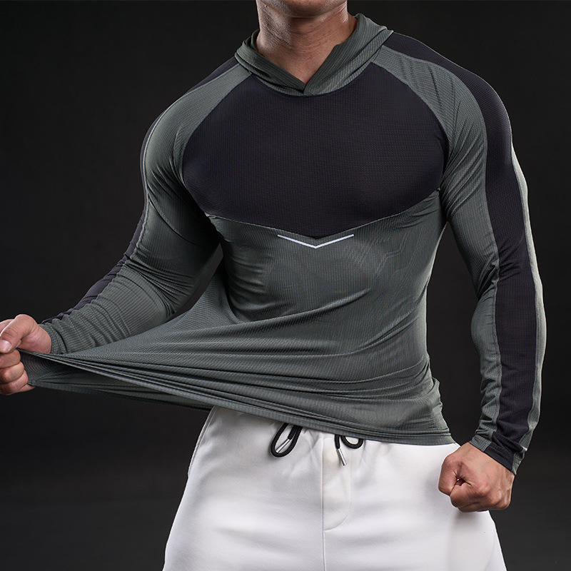 Férfi hosszú ujjú ice silk póló, rugalmas, kapucnis sportos felső tavaszra-őszre, izmos stílus