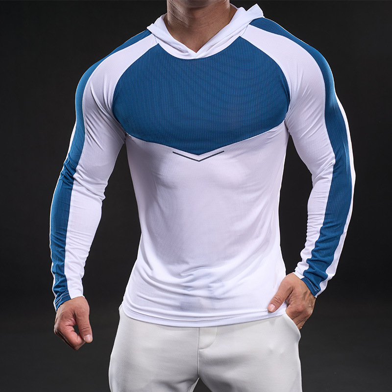 Férfi hosszú ujjú ice silk póló, rugalmas, kapucnis sportos felső tavaszra-őszre, izmos stílus