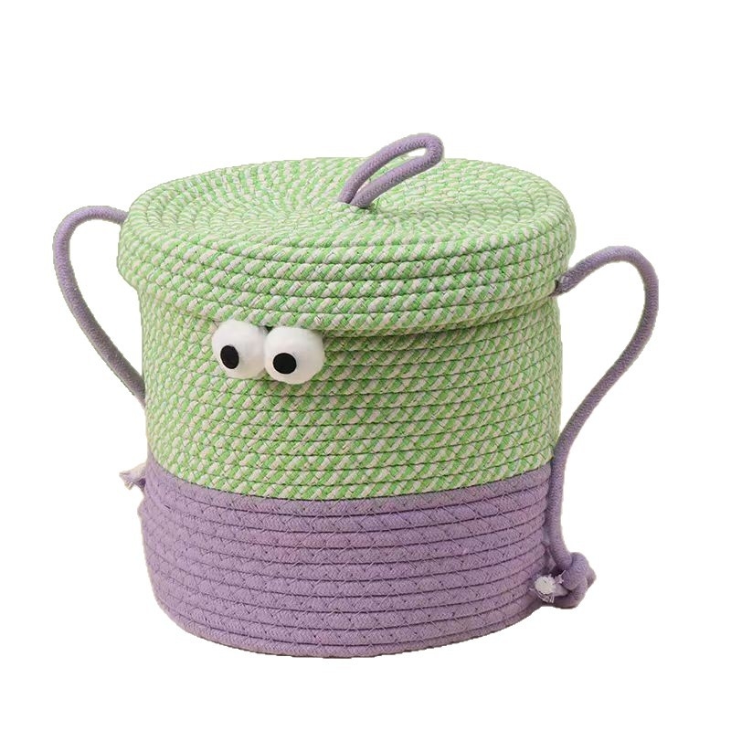 Okrugli koš za pohranu od pamučnog užeta s poklopcem, stolni tkaneni organizator za grickalice s likom čudovišta s velikim očima