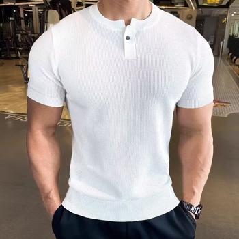 Férfi Henley felső, waffle jacquard ice-silk szövés, karcsú szabás, rövid ujjú, lélegző