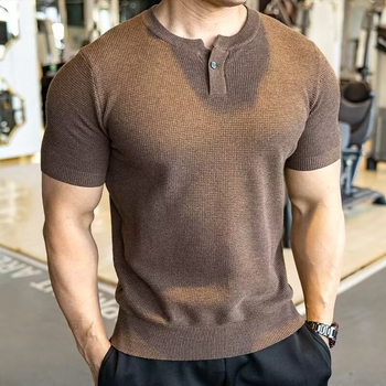 Férfi Henley felső, waffle jacquard ice-silk szövés, karcsú szabás, rövid ujjú, lélegző