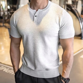 Férfi Henley felső, waffle jacquard ice-silk szövés, karcsú szabás, rövid ujjú, lélegző
