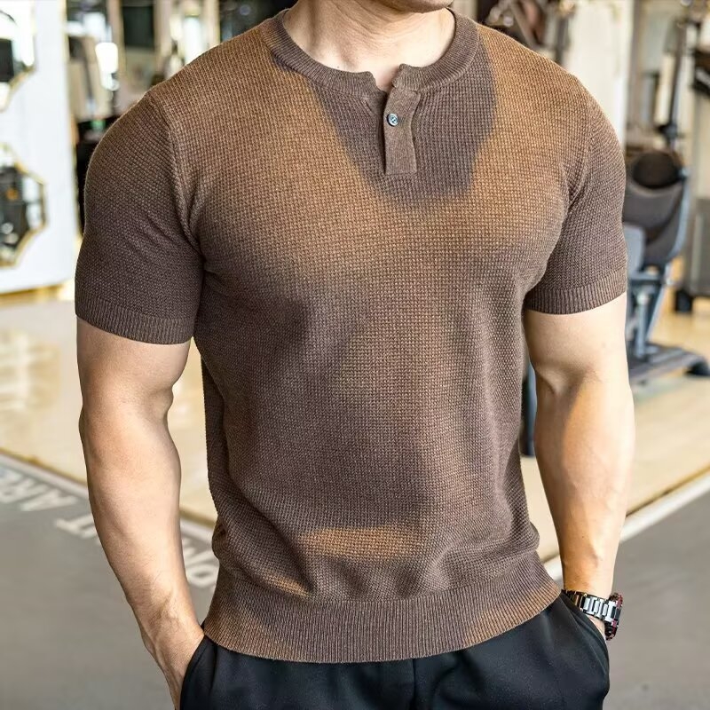Férfi Henley felső, waffle jacquard ice-silk szövés, karcsú szabás, rövid ujjú, lélegző