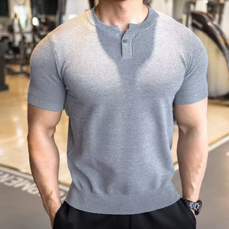 Férfi Henley felső, waffle jacquard ice-silk szövés, karcsú szabás, rövid ujjú, lélegző