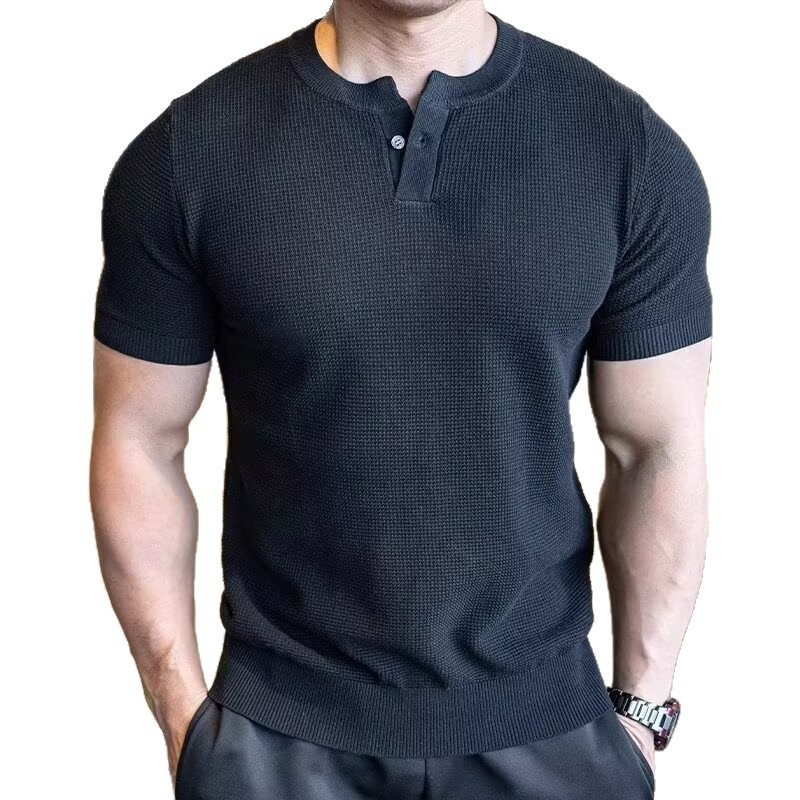 Férfi Henley felső, waffle jacquard ice-silk szövés, karcsú szabás, rövid ujjú, lélegző
