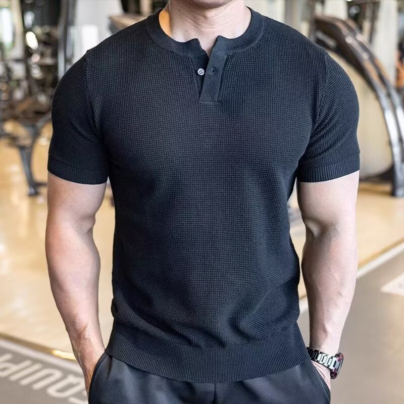 Férfi Henley felső, waffle jacquard ice-silk szövés, karcsú szabás, rövid ujjú, lélegző