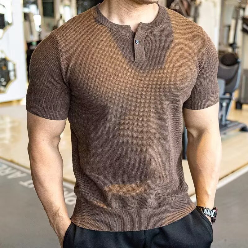 Férfi Henley felső, waffle jacquard ice-silk szövés, karcsú szabás, rövid ujjú, lélegző