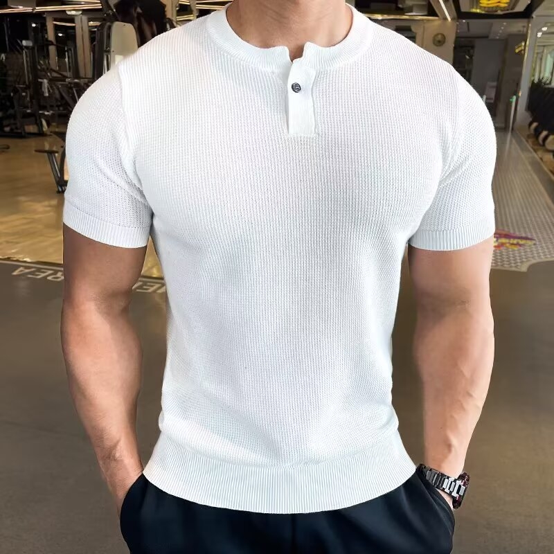 Férfi Henley felső, waffle jacquard ice-silk szövés, karcsú szabás, rövid ujjú, lélegző