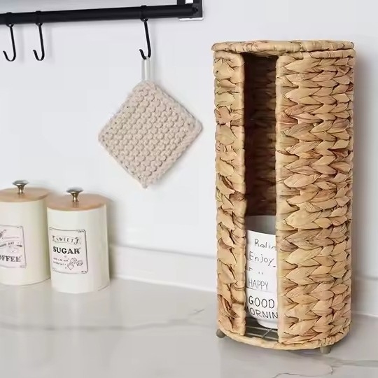 Pleteni stolni organizator od Water Hyacinth za čaše, s drškom za čaše, poklopcem, kutijom za papirnate maramice i držačem rolne papira