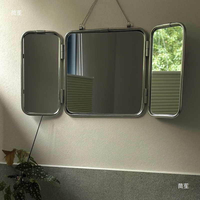 Négyzet alakú, modern minimalist metal hárompaneles tükör, falra szerelhető, fürdőszobai dekoratív HD tükör